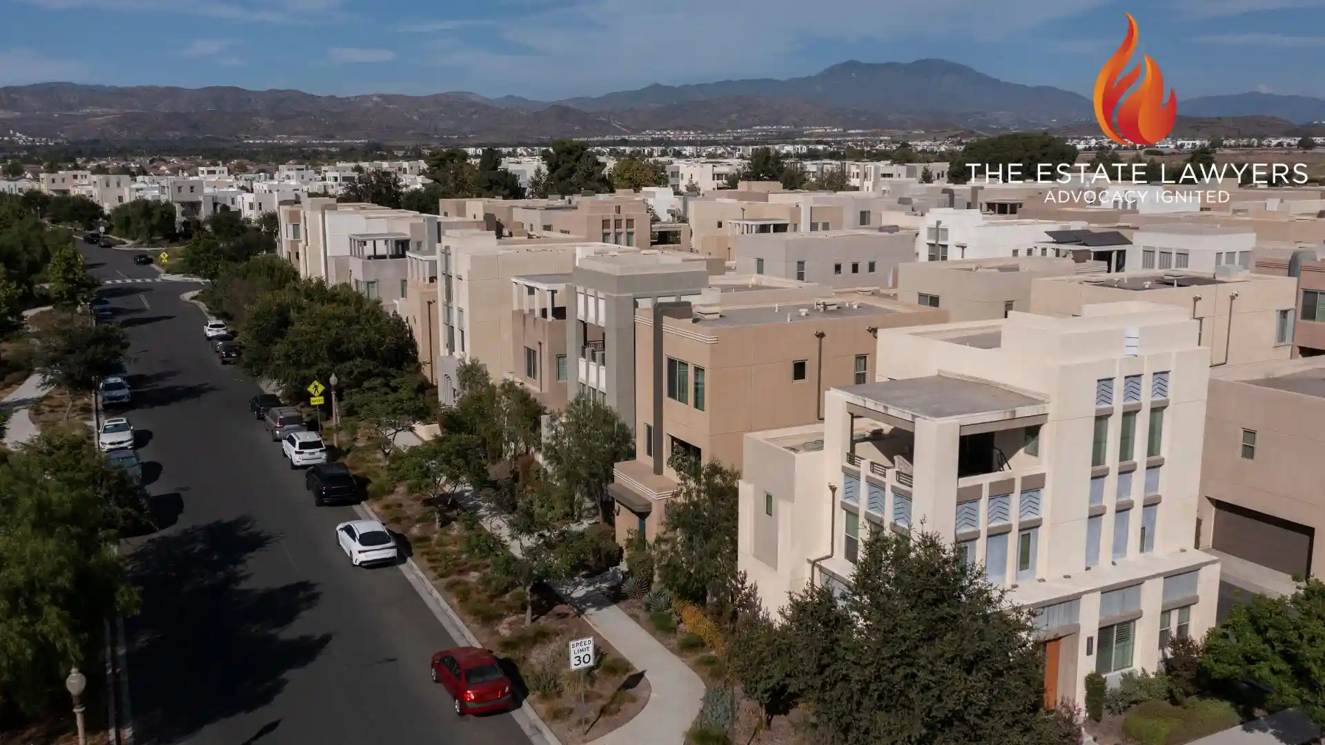 Modern suburban neighborhood with mountain background in irvine, California, where conservatorship issues are common