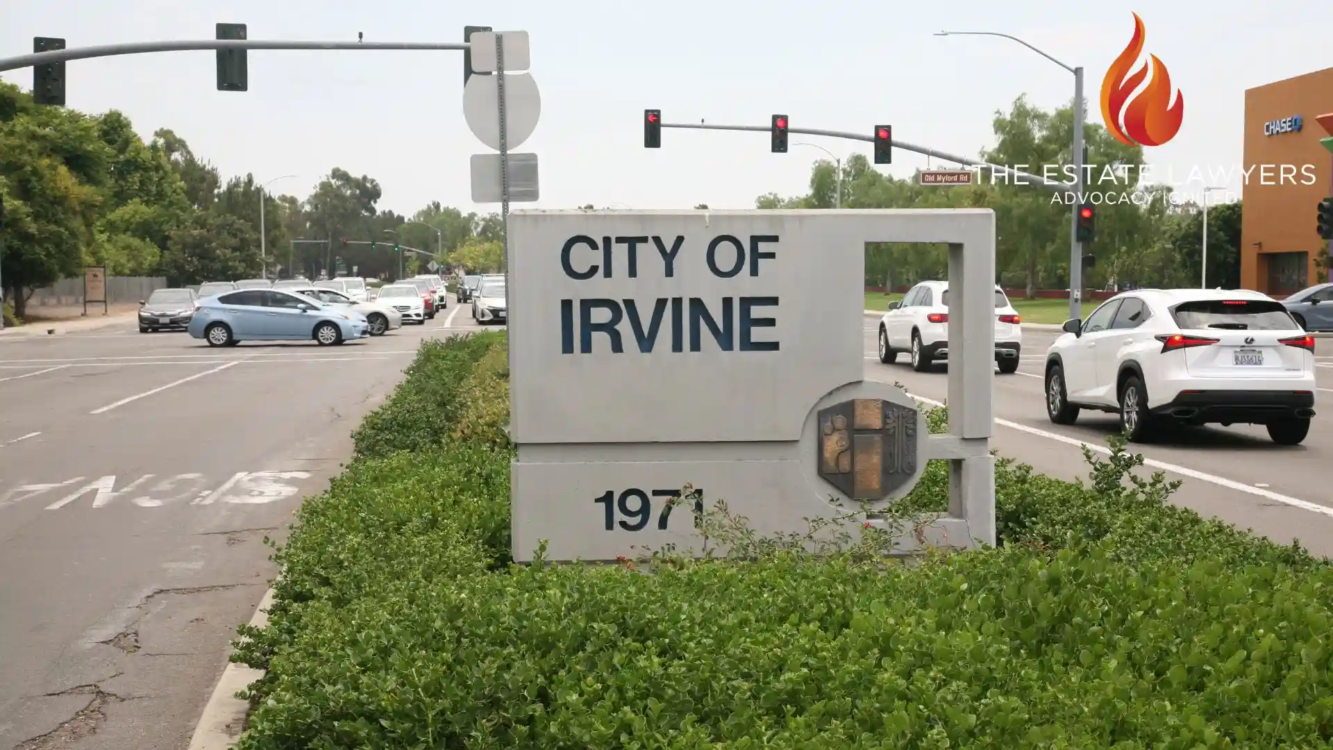 City of Irvine, california sign near busy intersection where probate and trust administration services are used