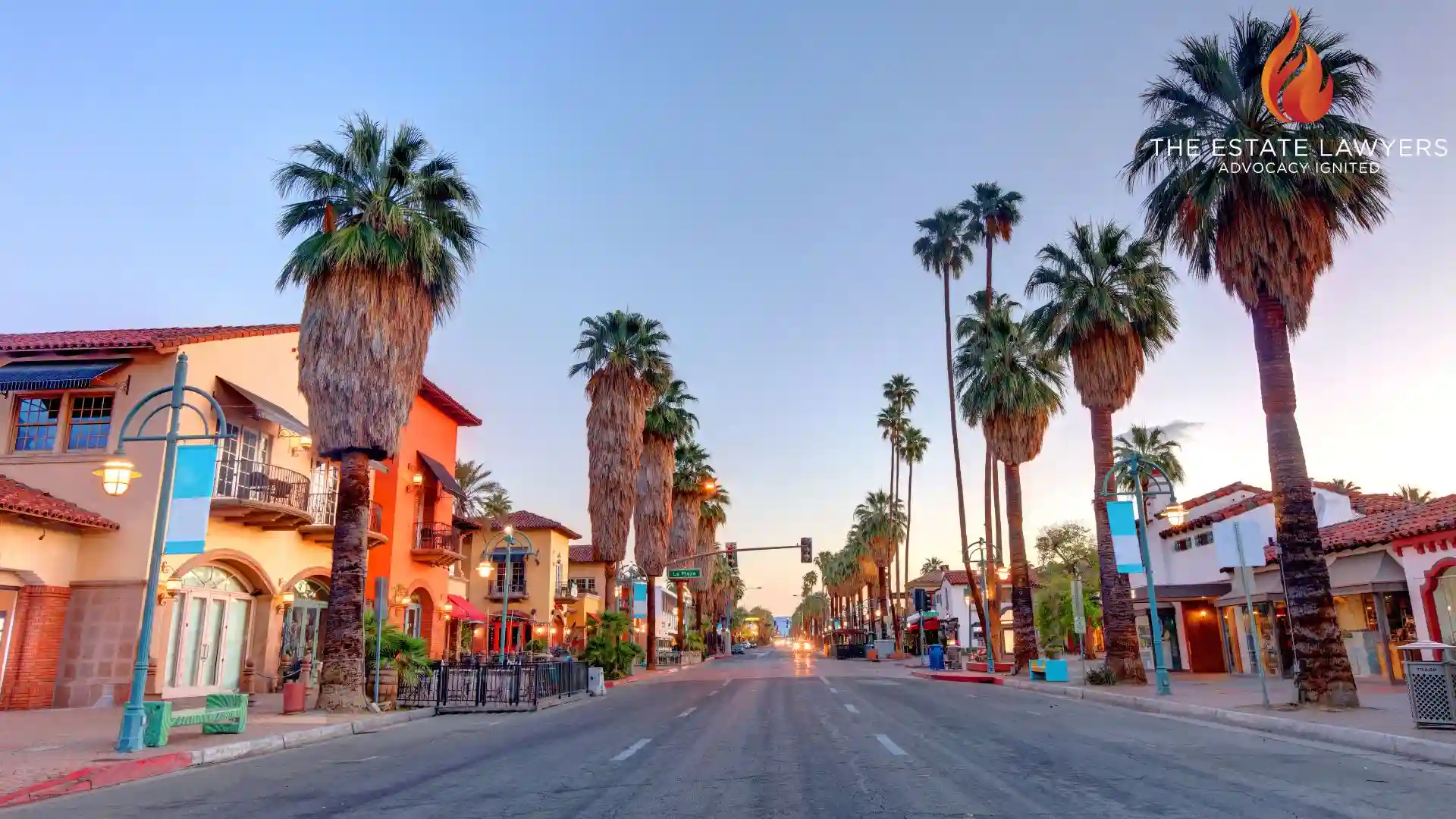 A California street view showing lined palm trees, indicated that The Estate Lawyer APC offices are near by.