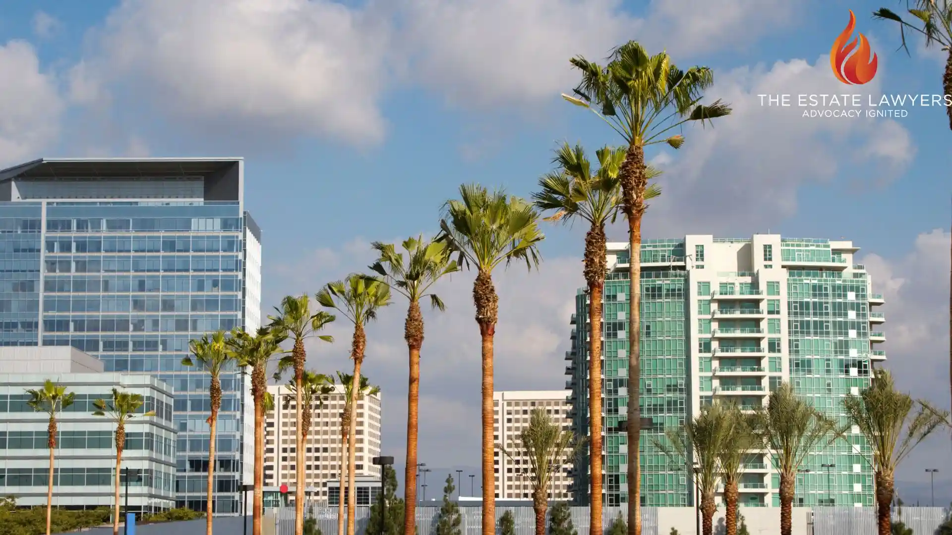 A view of a neighborhood with palm trees and a downtown skyline in California in the background, where there are often cases of breach of fiduciary.