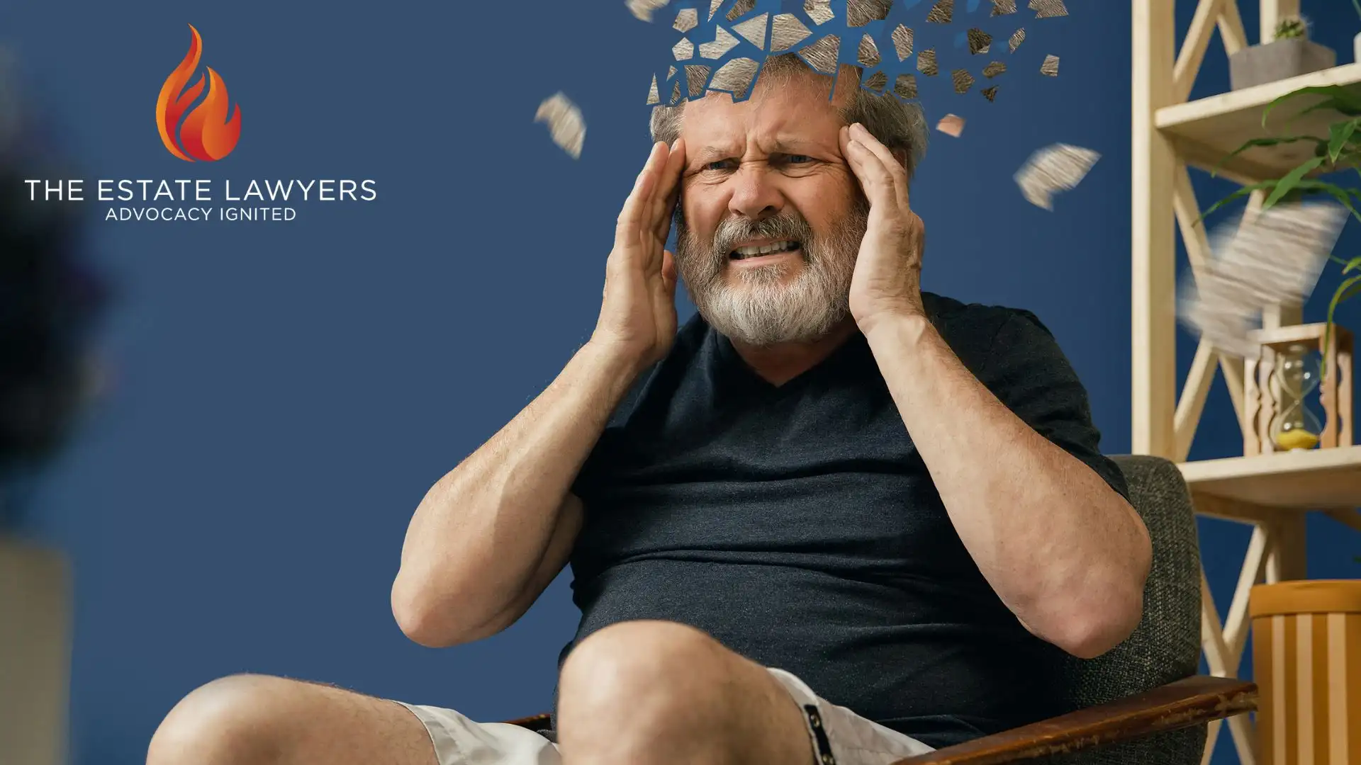 Man holding head with fragments flying away