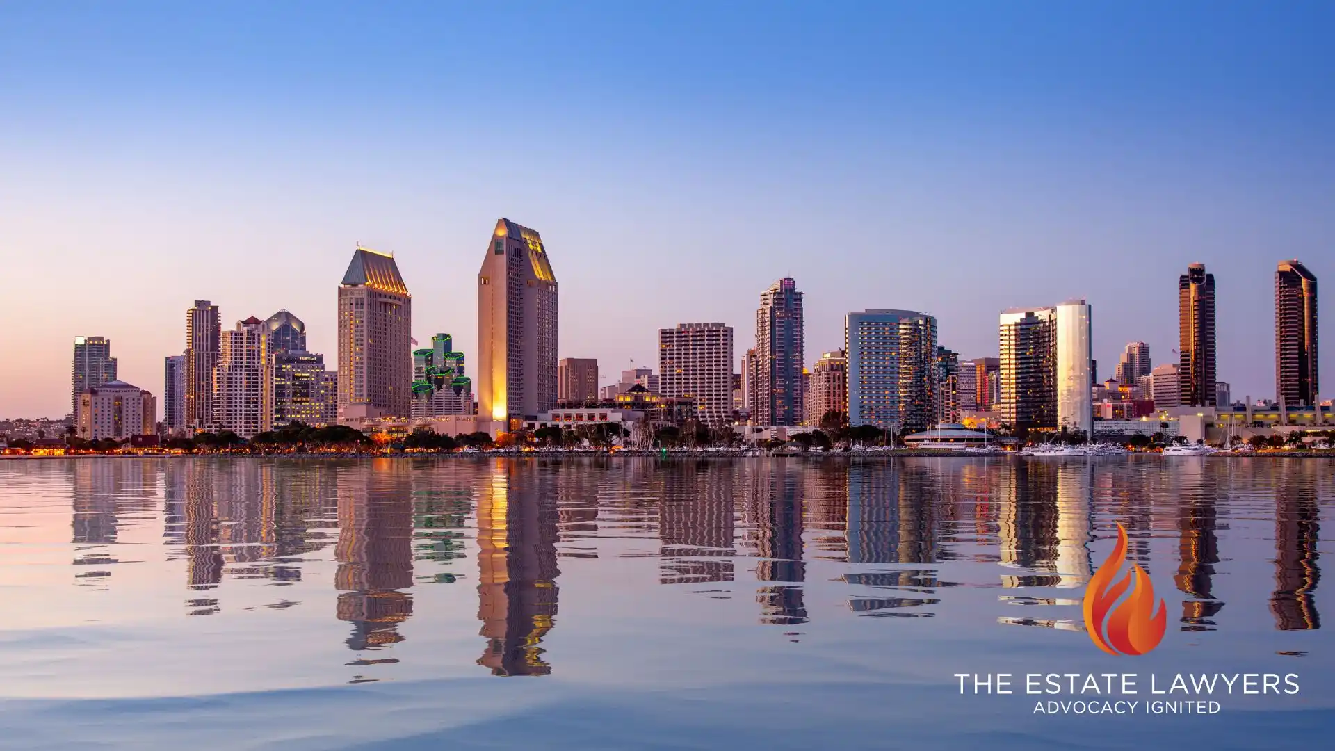 Downtown San Diego skyline on the water, where local residents needs estate litigation services.