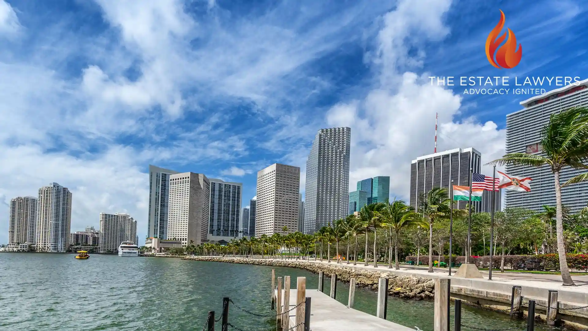 Skyline with waterfront and palm trees