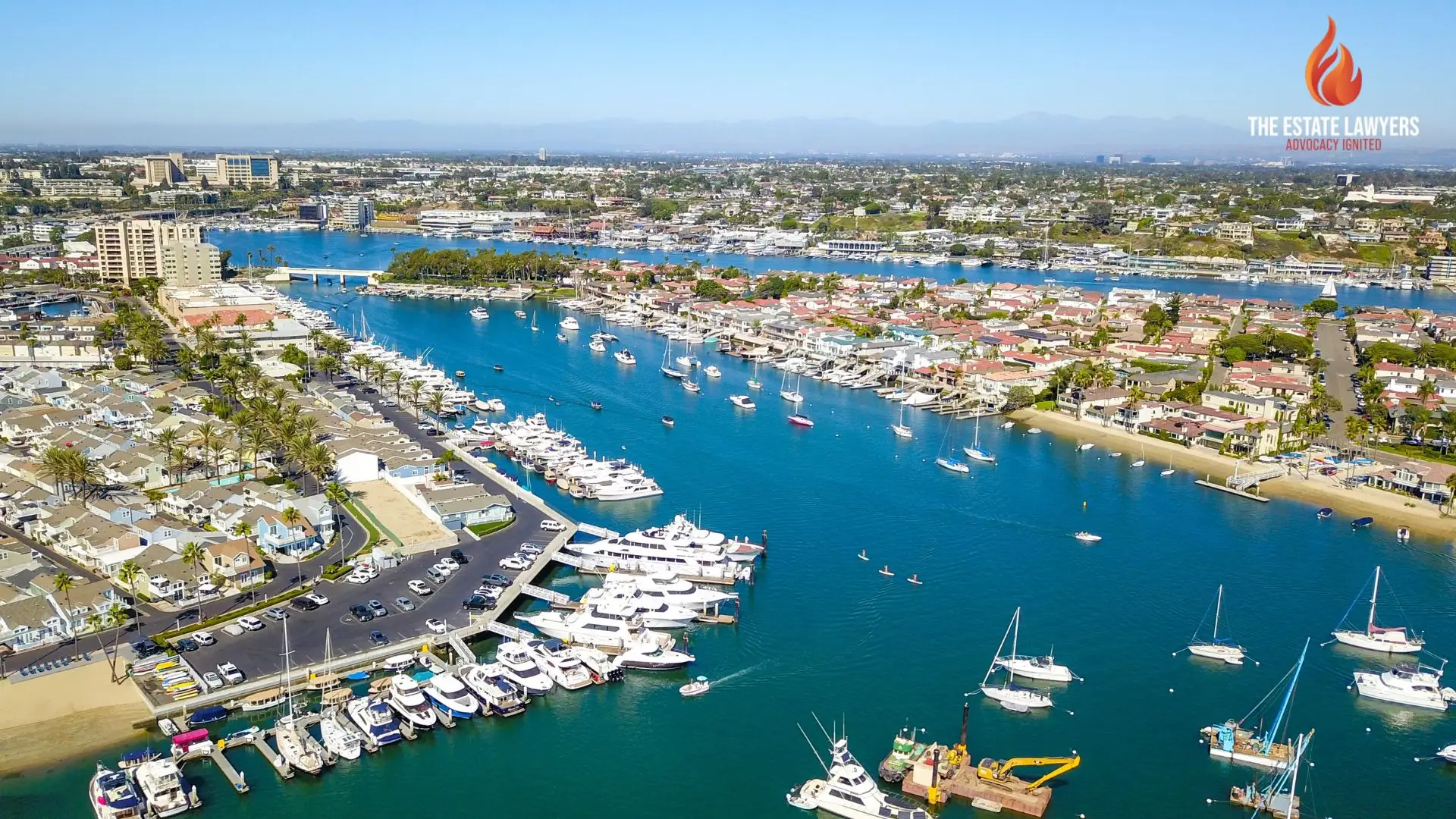 Aerial view of marina with yachts and waterfront homes