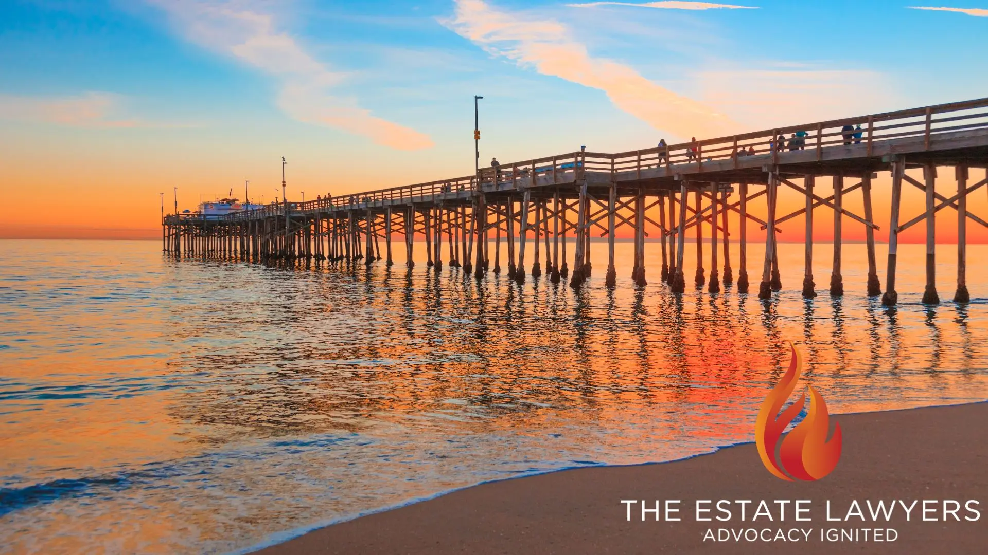 Wooden pier at sunset over calm ocean waters in newport beach, CA